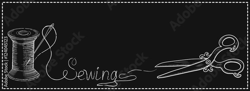 Retro banner for advertising signs of sewing workshop with hand