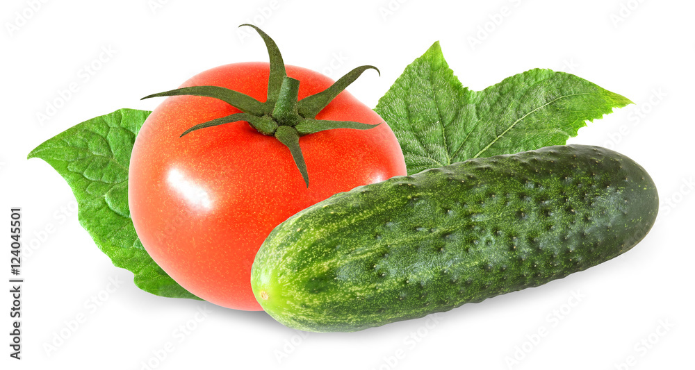 whole tomato and cucumber with leaf isolated on white background with clipping path whole tomato and cucumber with leaf isolated on white background with clipping path
