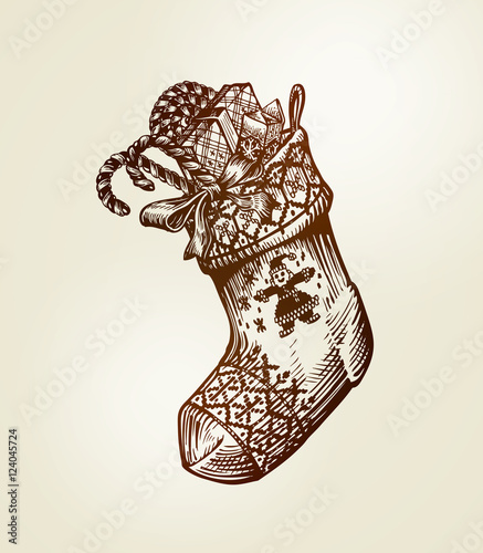 Christmas sock with gifts. Vector sketch