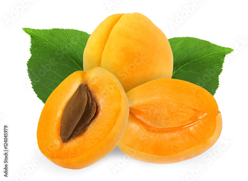 cut and whole apricot with leaf isolated on white background with clipping path