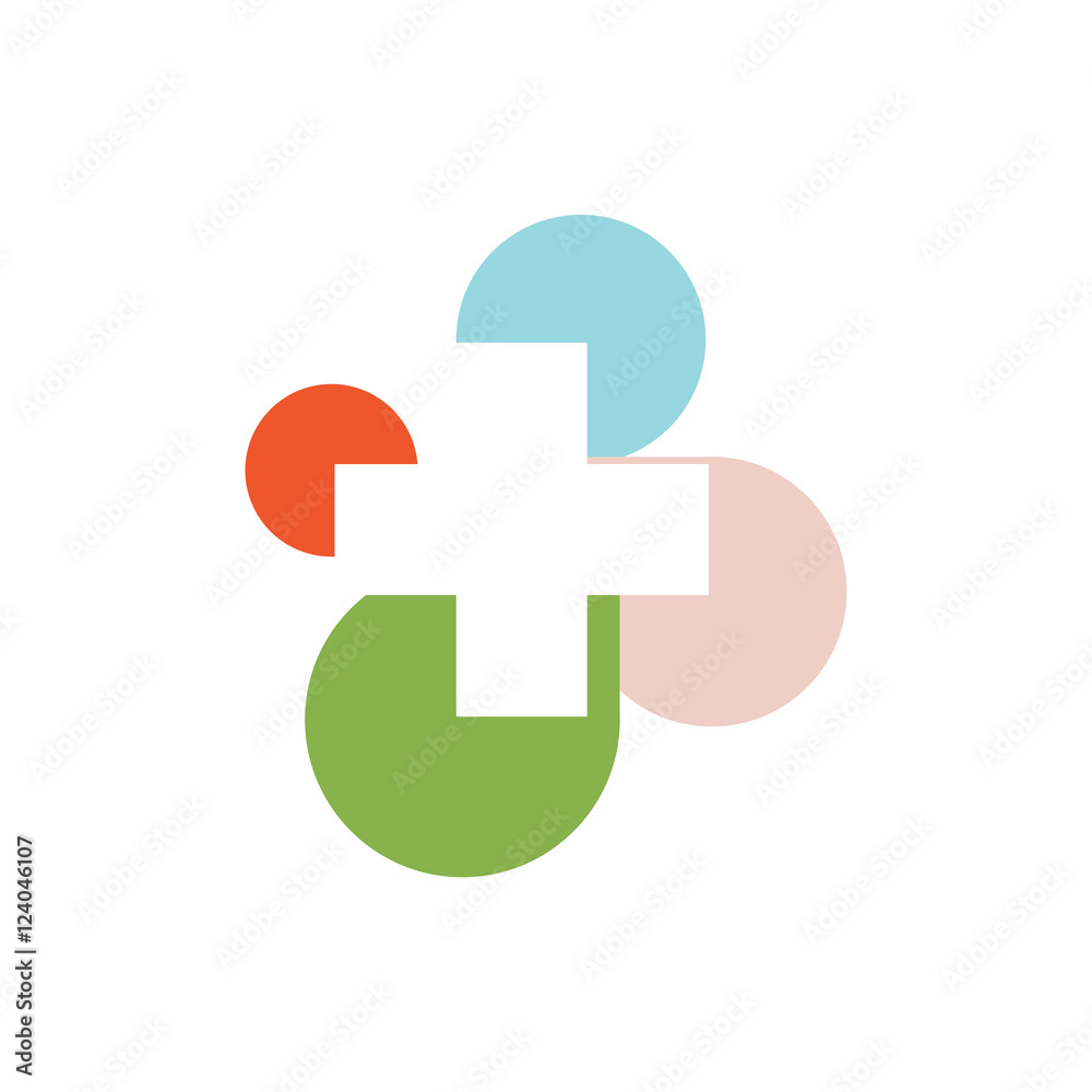Obraz premium Isolated abstract colorful cross round medical logo. Religious sign. Doctor's office emblem. Ambulance label. First aid symbol. Plus button. Vector cross illustration.