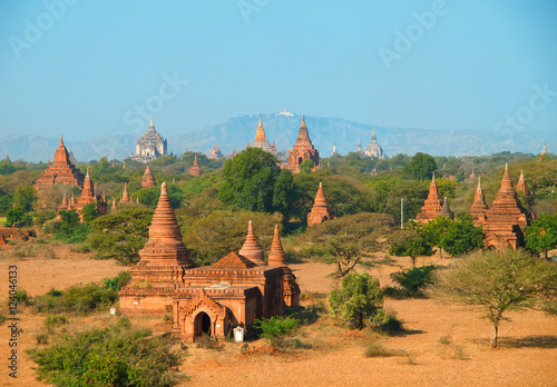 Ancient pagodas in Bagan, blue sky in background