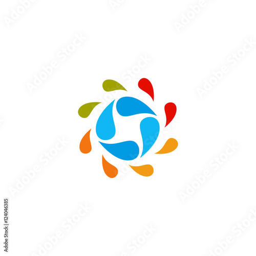 Isolated abstract colorful water drops circle logo. Liquid circulation logotype. Kids art school icon, Round shape spining paint sign. Natural process of renewal symbol. Vector drops illustration.