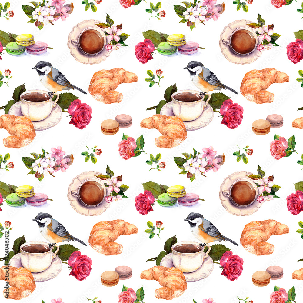 Tea, coffee pattern - flowers, croissant, macaroon, bird. Watercolor. Seamless Tea, coffee pattern - flowers, croissant, macaroon, bird. Watercolor. Seamless