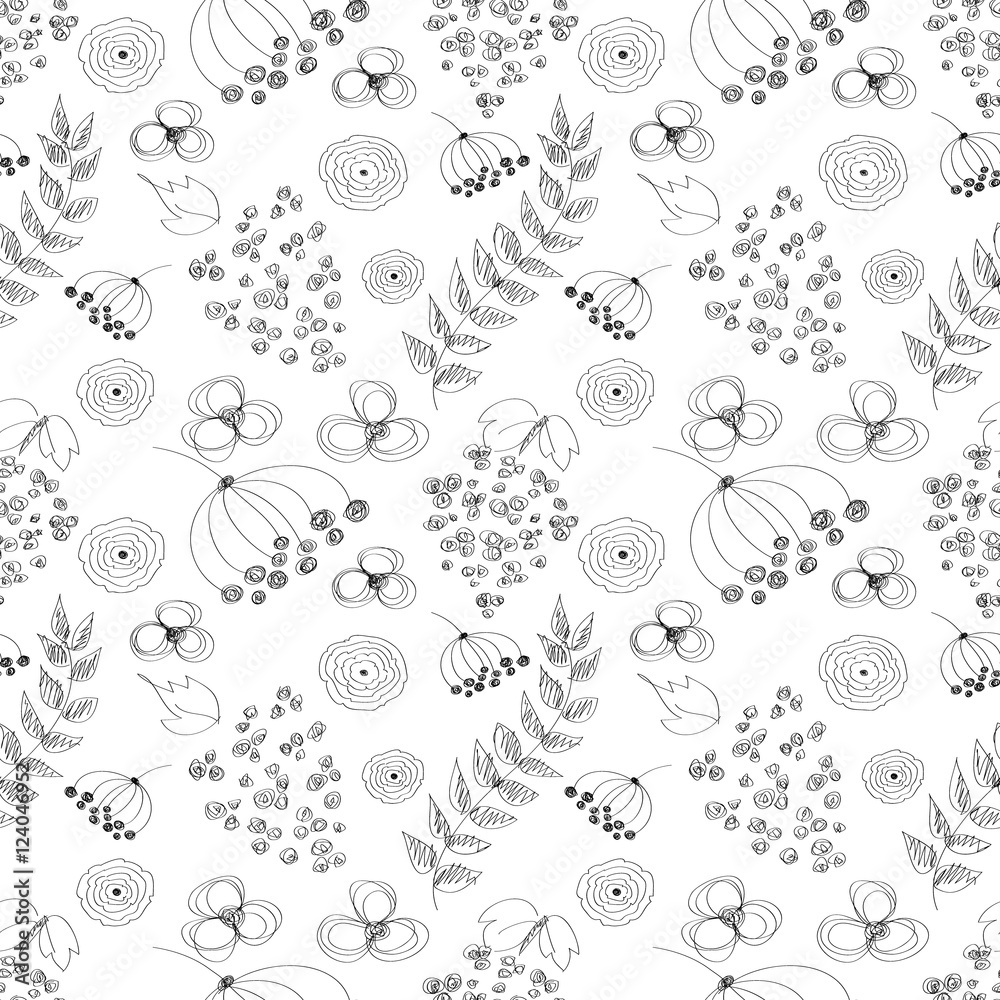 Seamless vector black and white pattern with hand drawn drawn flowers, leaves. Series of Cartoon, Doodle, Sketch and Scribble Seamless Patterns and Backgrounds.