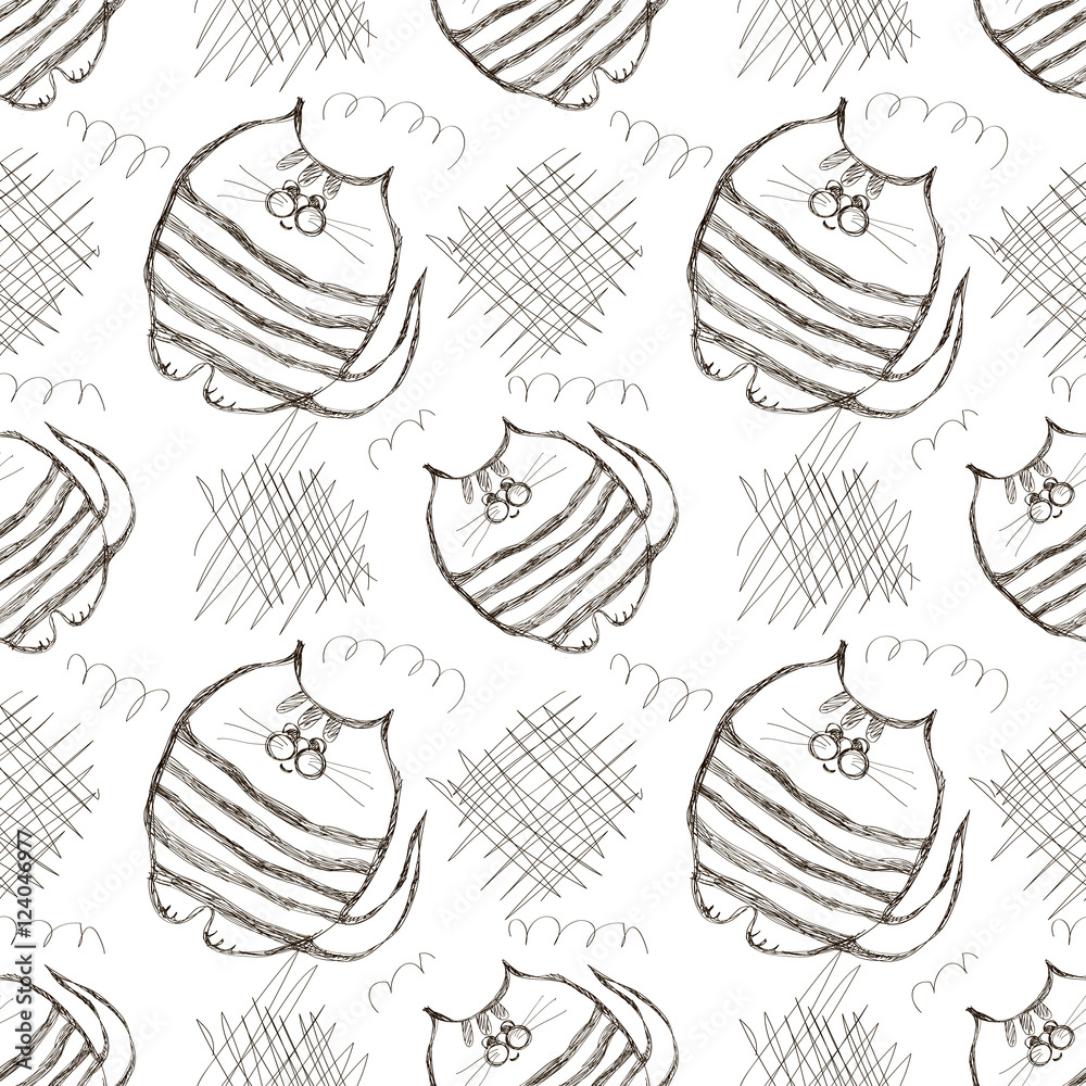 Seamless vector pattern. Cute black and white background with hand drawn cats and scribbles. Series of Cartoon, Doodle, Sketch and Scribble Seamless Vector Patterns.