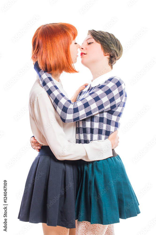 Two Lesbian Girls Hugging And Kissing On The Lips On White Isolated