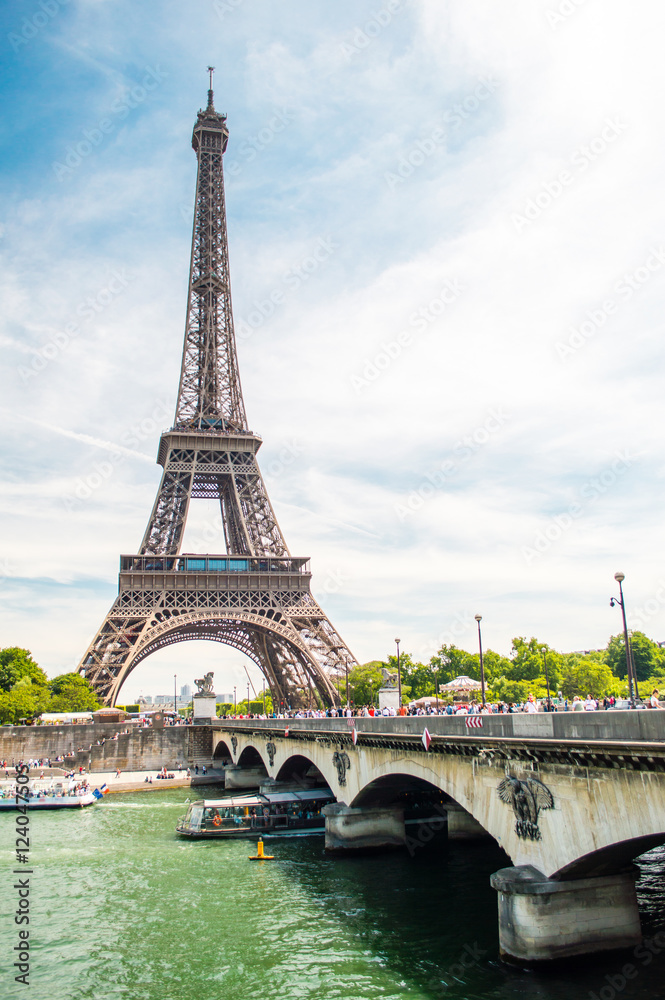 Eiffel Tower, bridge and Seine river view in Paris