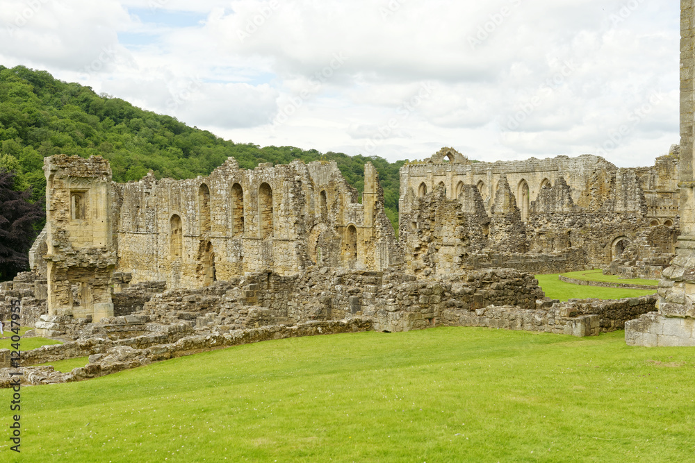 Ruins of the medieval Cistercian Rievaulx Abbey near the market town of Helmsley in North Yorkshire, England