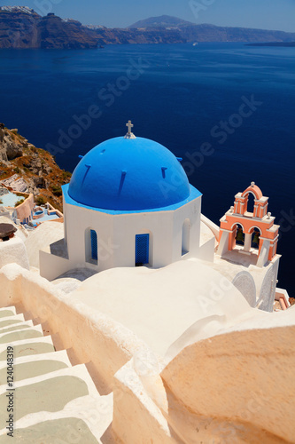 Blue dome church in Oia, Santorini at daylight