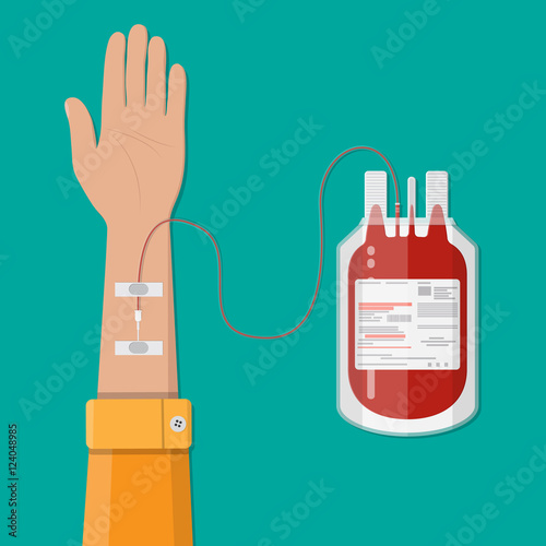 Bag with blood and hand of donor. donation concept
