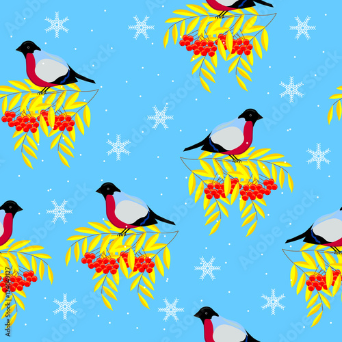 Christmas and New Year frame of the branches of mountain ash, bullfinches and snowflakes on a background of snow. Seamless pattern.