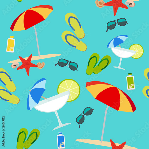 Vector summer items seamless pattern on blue background