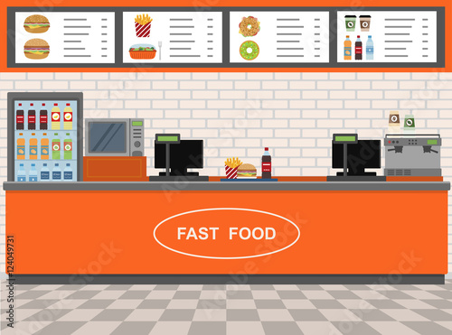 Fast Food and Express Cafe interior . Flat design vector illustration 
