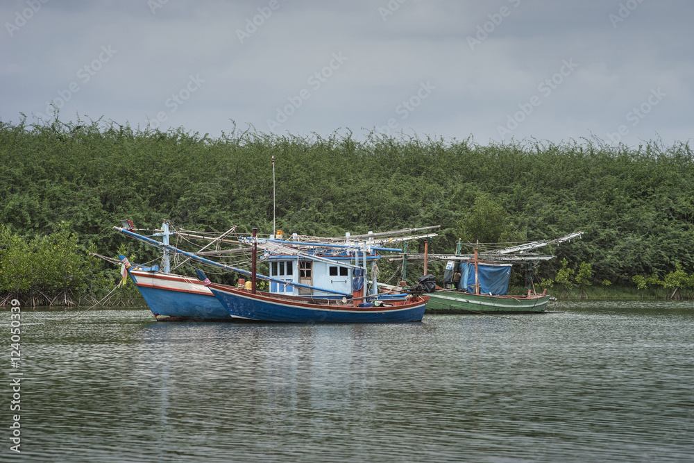 traditional fishing boat on the sea with mangrove forest in background.cloudy sky.filtered image.selective focus