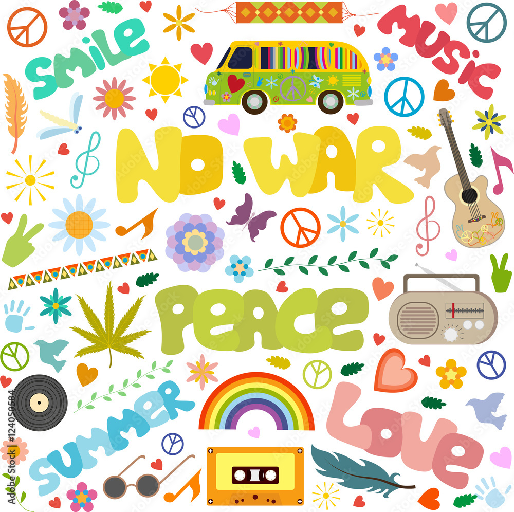 Naklejka premium hippie symbols and inscriptions no war, peace, isolated on white background