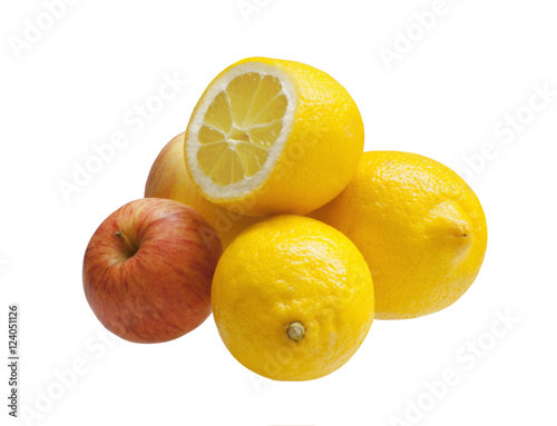 Three lemons with two apples  isolated on white background