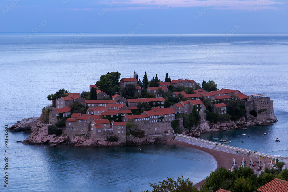 Sveti Stefan island at sunrise. Adriatic sea, Montenegro