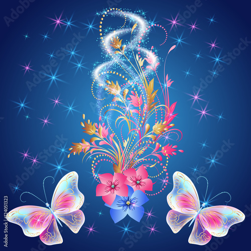 Fototapeta Transparent butterflies with glowing firework and floral ornamen