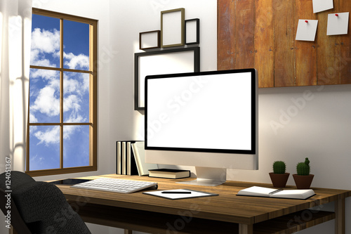 3D Rendering : illustration of modern creative workplace.PC monitor on wooden table.translucent curtain and glass window with sunlight shining from the outside.clipping path included © ittoilmatar