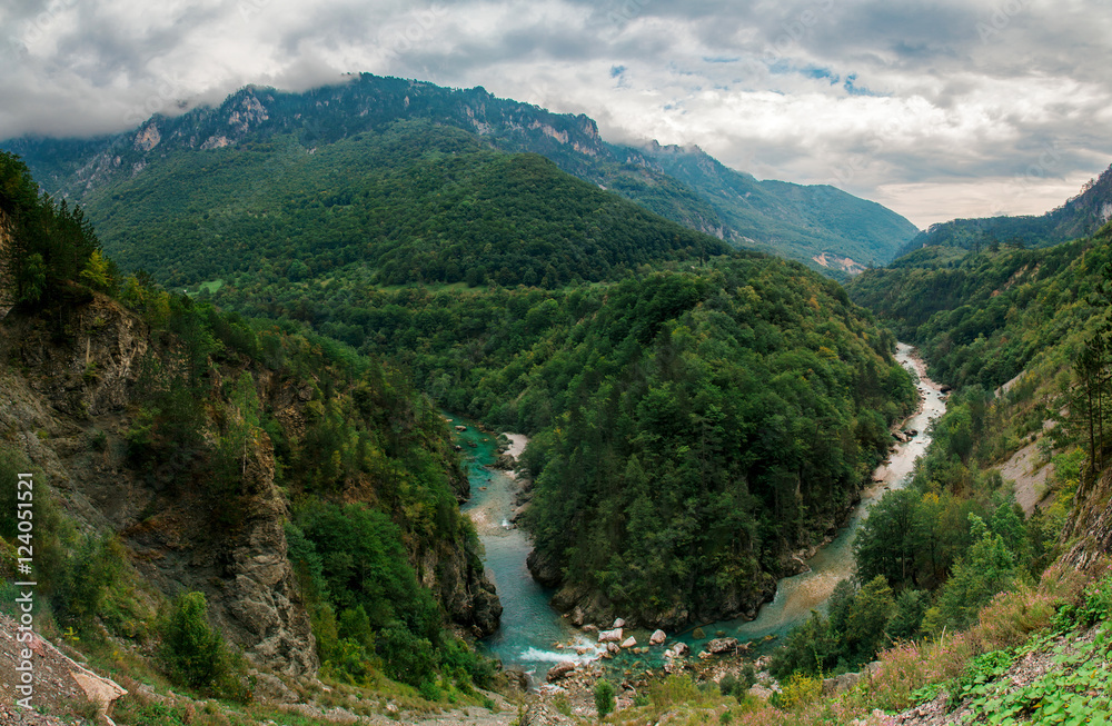 Clear azure river canyon, green forest mountains, nature landscape