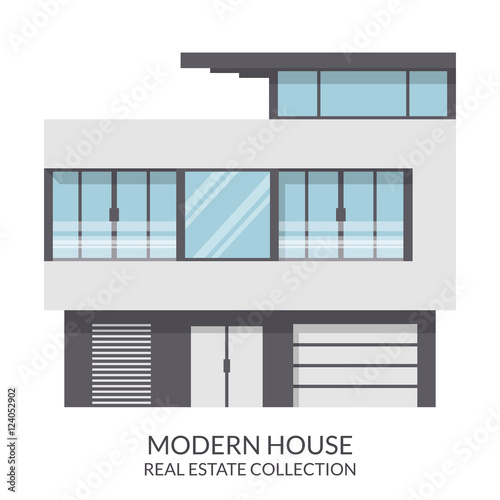 Modern gray house, real estate sign in flat style. Vector illustration.