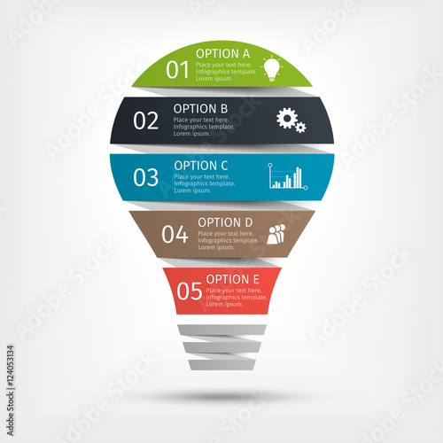 Modern light bulb infographic, 5 options. Template for presentation, chart, graph. Vector illustration