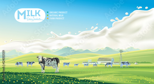 Rural landscape with cows and farm with mountain scenery, and splash milk in background. Vector illustration.