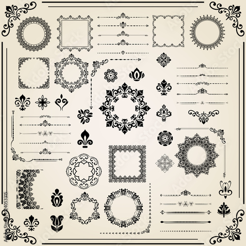 Vintage set of black classic elements. Different vector elements for decoration and design frames, cards, menus, backgrounds and monograms. Collection of floral ornaments