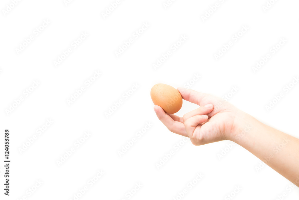 Hand holds a brown egg on a white background Hand holds a brown egg on a white background