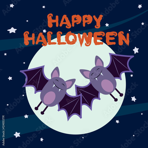 Cute bats fly on a background of the full moon