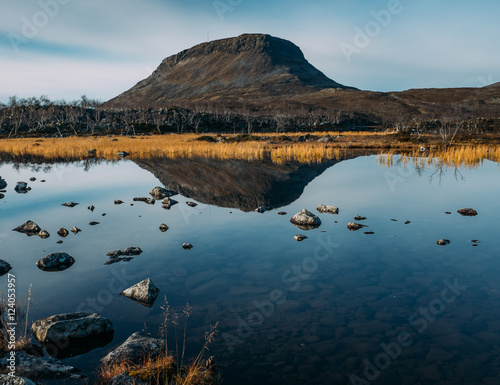 Autumn color on Kilpisjarvi and Saana Fell side of the lake. Finnish tundra landscape