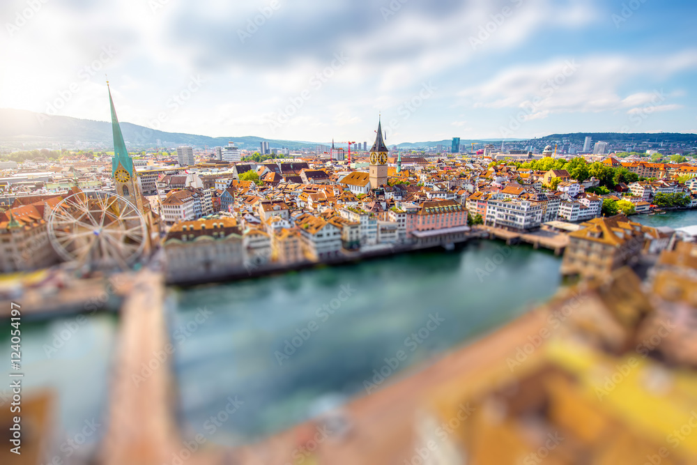 Aerial panoramic cityscape view on the old town of Zurich city in Switzerland. Image with tilt-shift effect