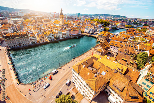 Aerial panoramic cityscape view on the old town of Zurich city in Switzerland