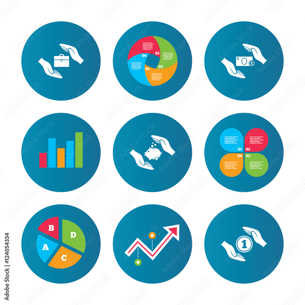 Hands insurance icons. Money savings signs. Hands insurance icons. Money savings signs.