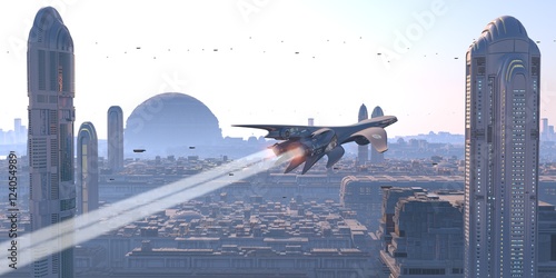 aeronave cruzando una ciudad futurista