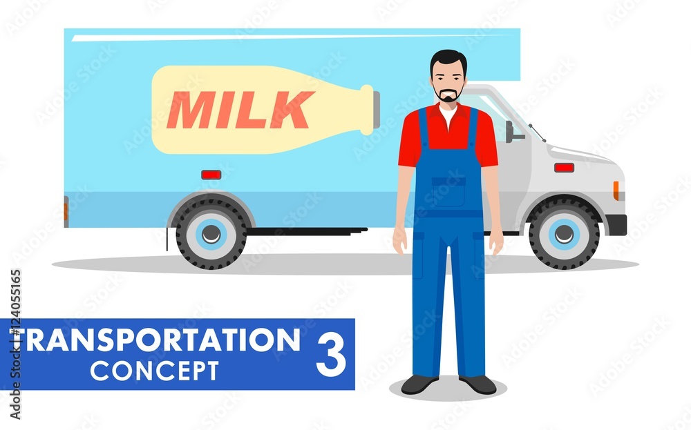 Transportation concept. Detailed illustration of milk truck and driver on white background in flat style. Vector illustration. Transportation concept. Detailed illustration of milk truck and driver on white background in flat style. Vector illustration.