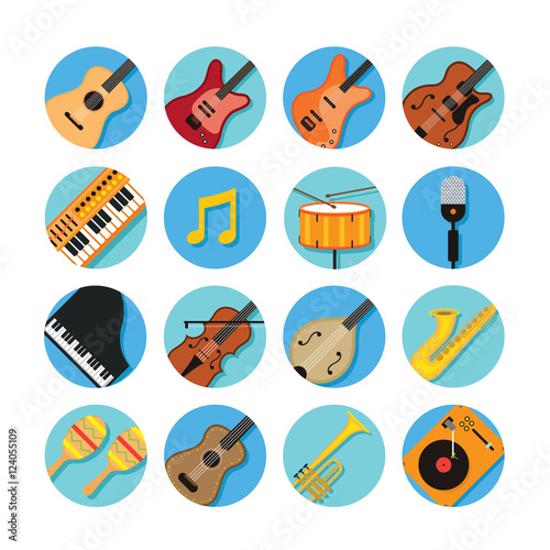 Music Instruments Icons Set, Flat Design Symbol and Icons Vector