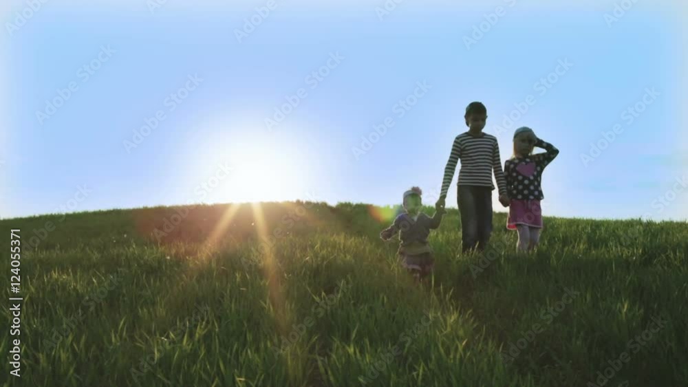 Three children walking on a green meadow in the bright rays of the sun. Three children walking on a green meadow in the bright rays of the sun.
