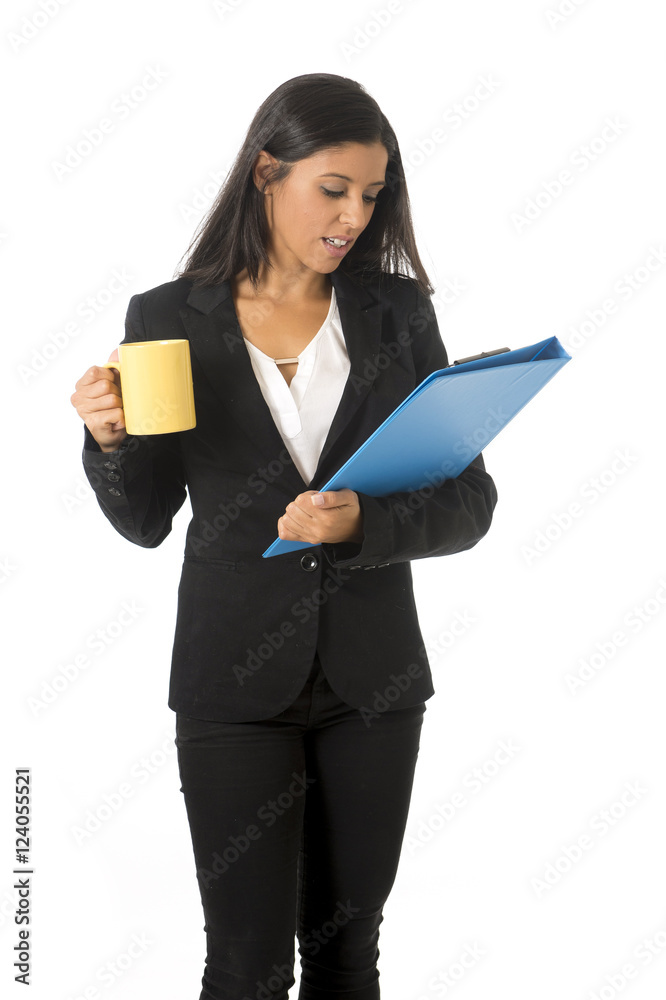 corporate portrait young attractive latin businesswoman happy holding folder and coffee corporate portrait young attractive latin businesswoman happy holding folder and coffee