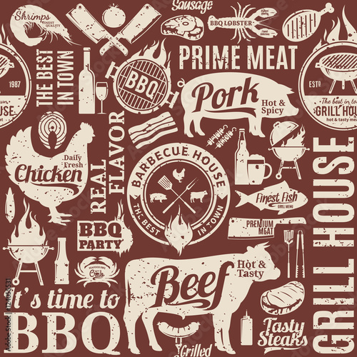 Retro styled typographic vector barbecue seamless pattern
