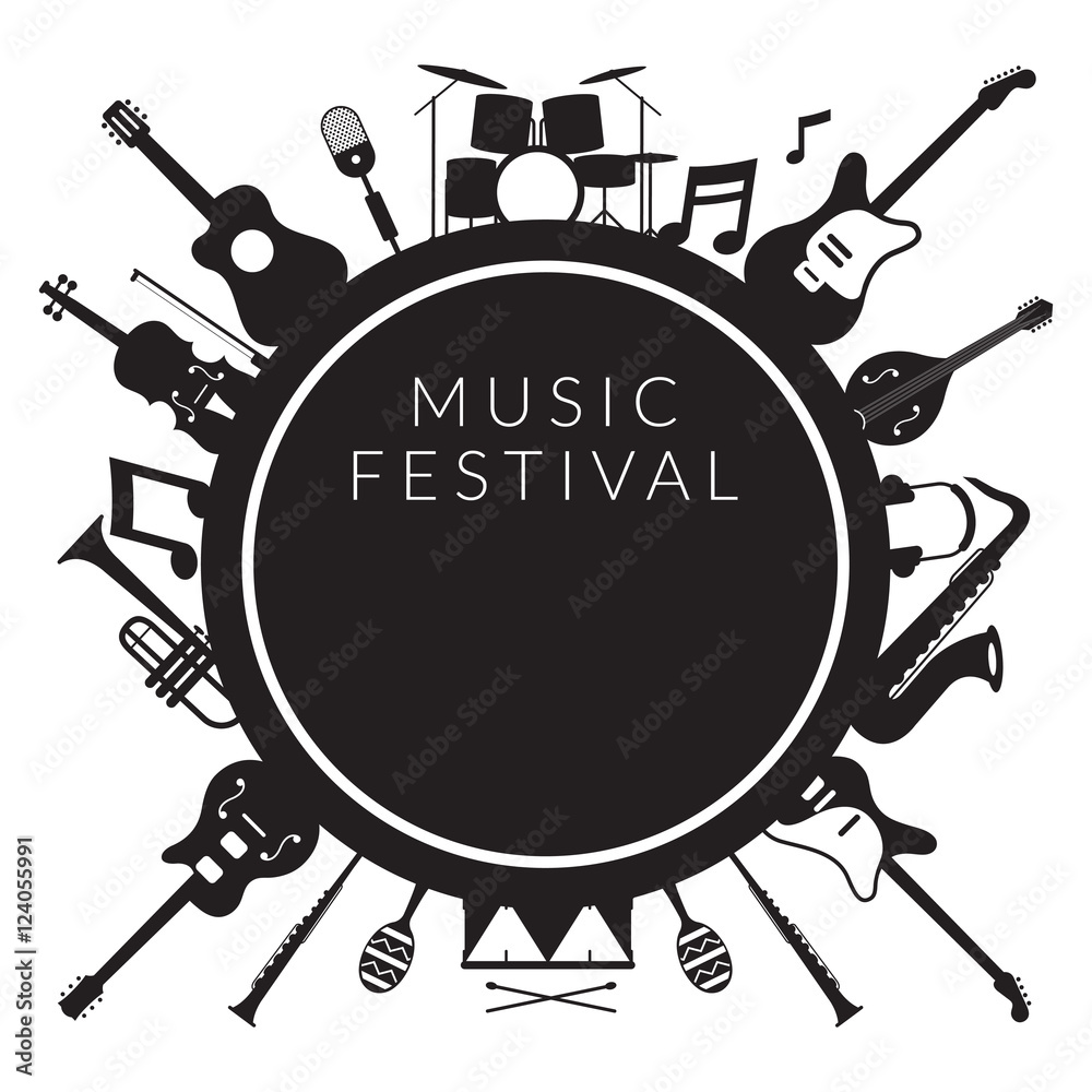 Obraz premium Music Instruments Objects Label Silhouette Background, Festival, Event, Live, Concert