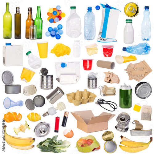 Samples of trash that can be recycled isolated on white background