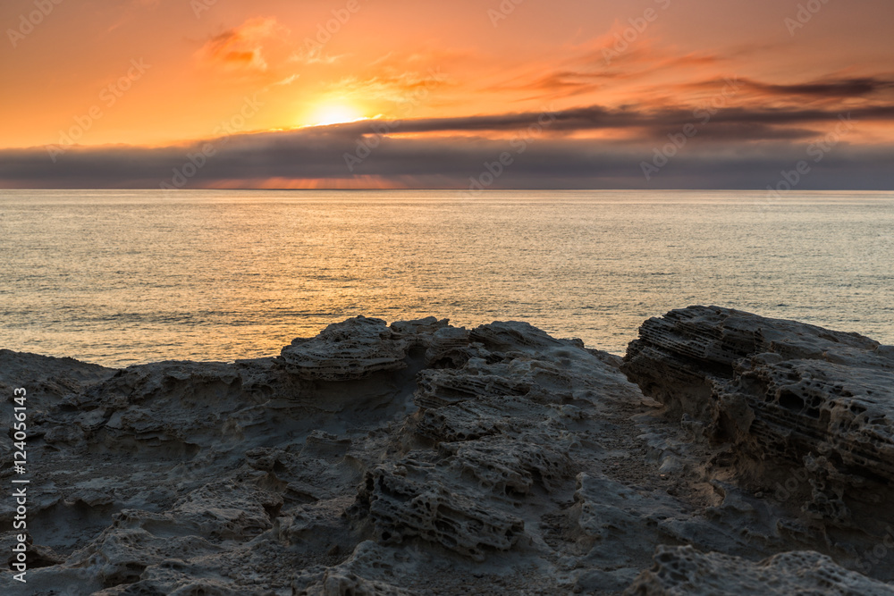 Sunrise on the coast of Escullos. Natural Park Cabo de Gata. Spain.