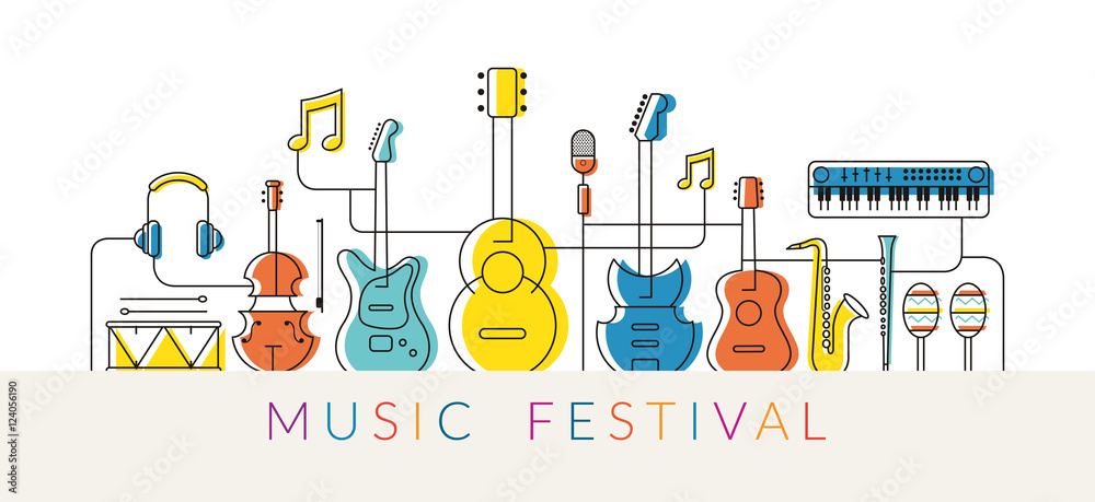 Fototapeta premium Music Instruments Objects Background, Line Design, Festival, Event, Live, Concert
