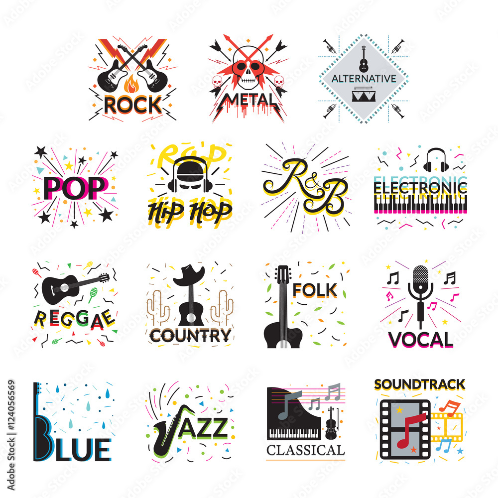 Naklejka premium Music Genres Signs and Symbols, Vector Illustration, Design Element