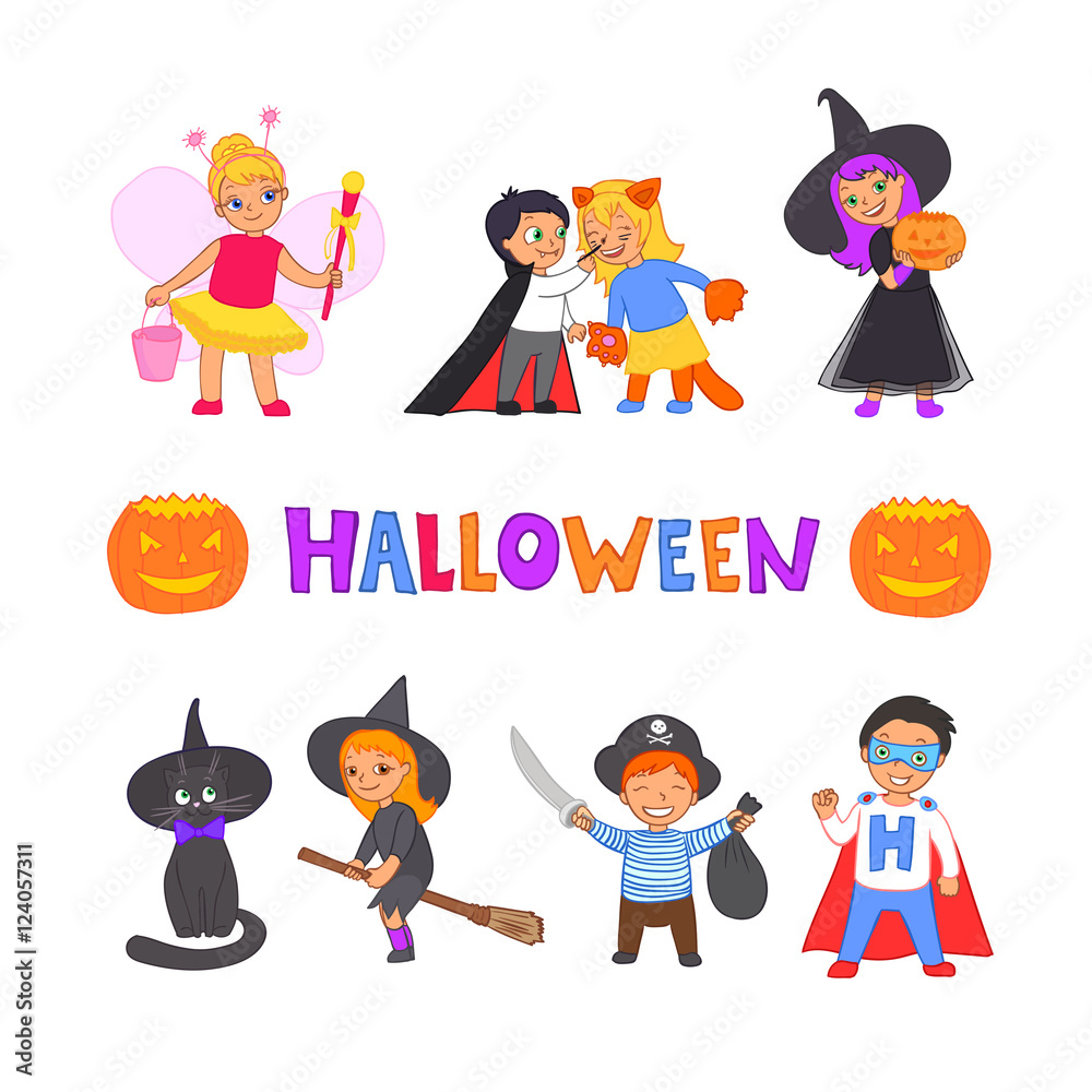 Happy Halloween. Set of cute cartoon doodle children in colorful halloween costumes: cat, pirate, witches, dracula, super hero. Cartoon icon set for halloween kid design. Isolated on white