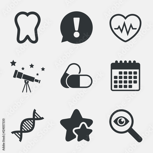 Medical icons. Pills  tooth  DNA and Cardiogram.