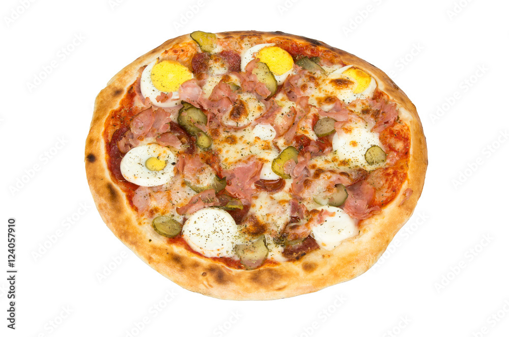 Pizza on a white background with eggs, ham, salami, cheese, pickles and spices. Pizza on a white background with eggs, ham, salami, cheese, pickles and spices.