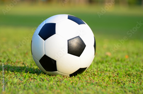 football or soccer ball on green grass field